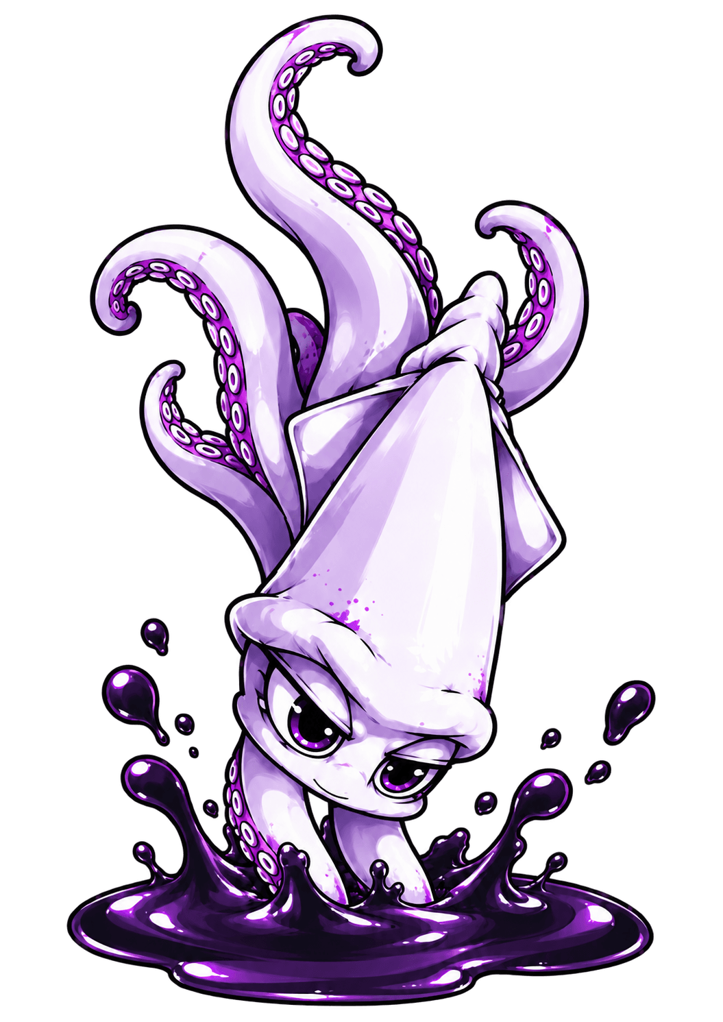 Kori diving into a glossy pool of purple ink